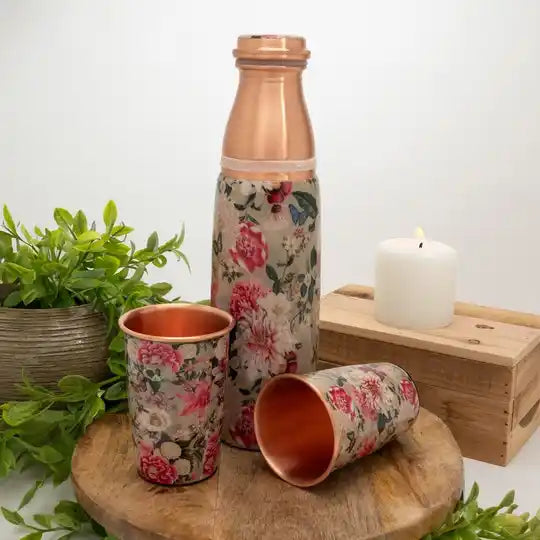 Pure copper set of bottle with floral print, white, ± 950 ml, with 2 straight cups