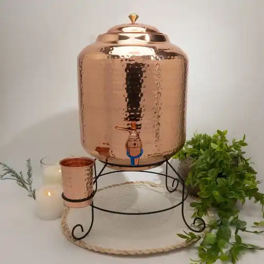 Pure Copper Water Tank (16 l) with Stand + 1 Cup (Hammered)