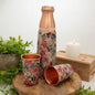 Pure copper set of bottle with floral print, white, ± 950 ml, with 2 straight cups