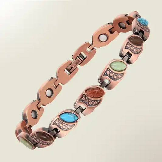 Luxury magnetic copper health bracelet - stone gold sand, green jade, cat's eye, turquoise – 0.8 cm