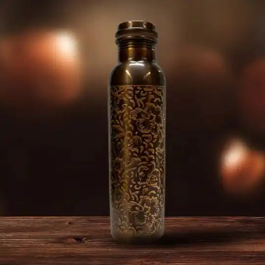 Pure Copper Water Bottle Floral Engraving Antique - 1 liter