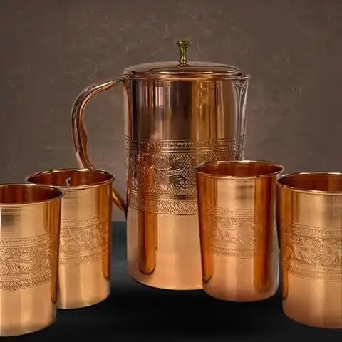 Pure Copper Set: Jug (±1.5 l) + 4 Cups Flower Pattern Rim