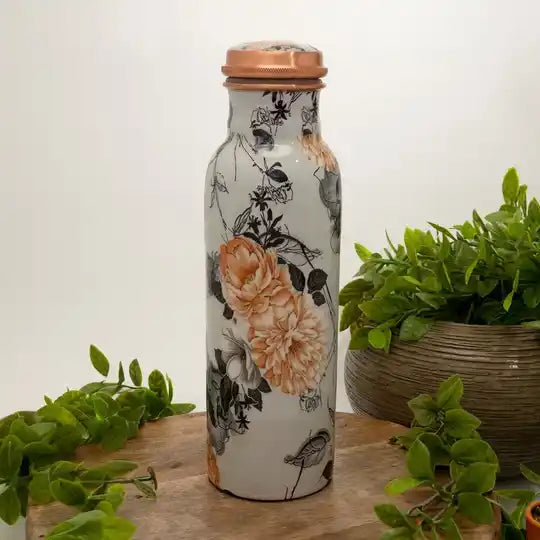 Pure copper water bottle with floral print, white, approx. 750 ml (heavy duty)