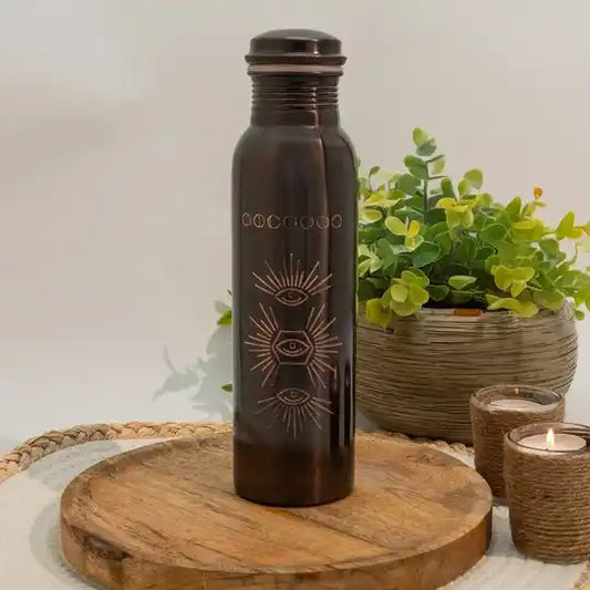 Pure copper water bottle with an engraved sun, antique, ± 950 ml (heavy duty)